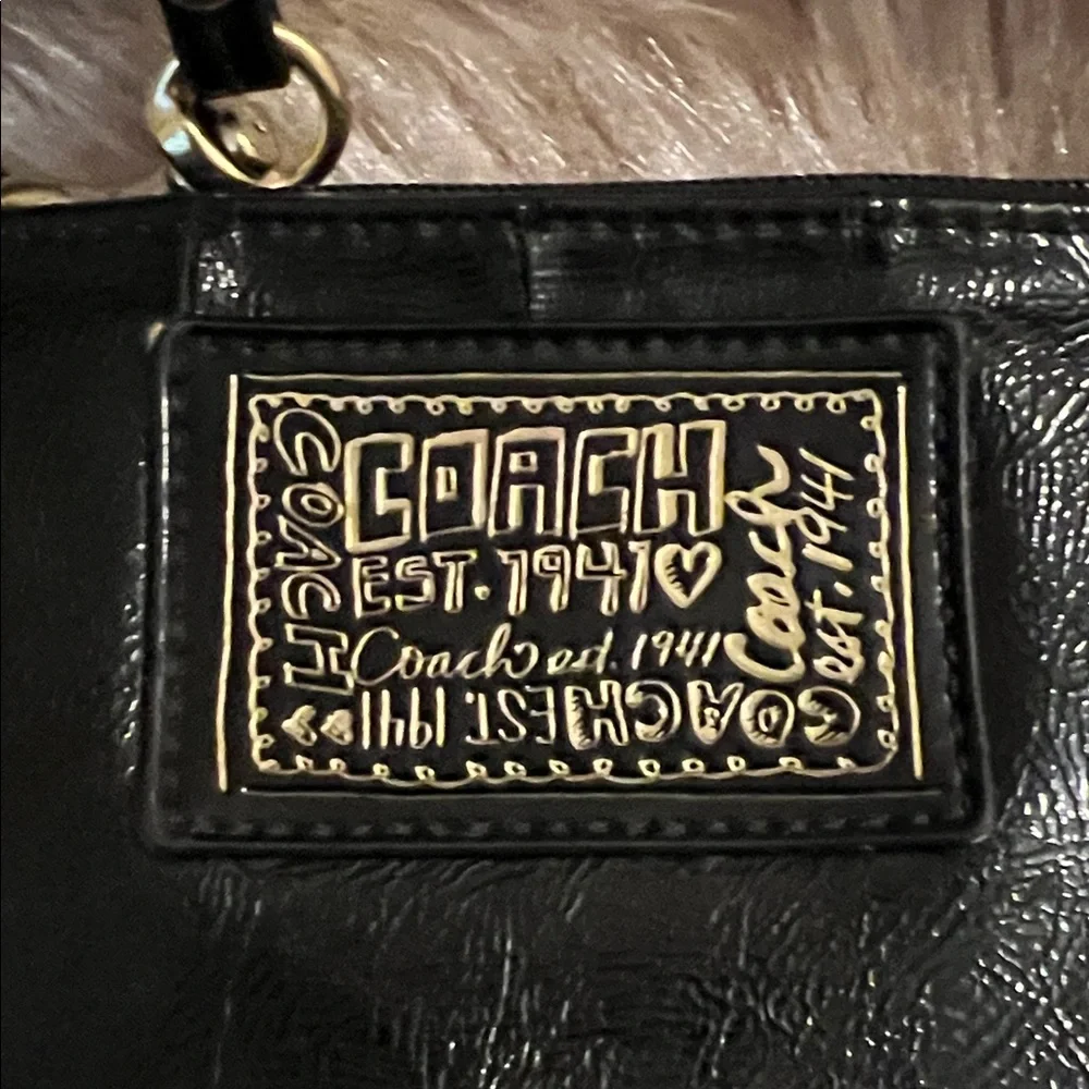 Coach Poppy Black Patent Leather Wristlet with Gold Accents